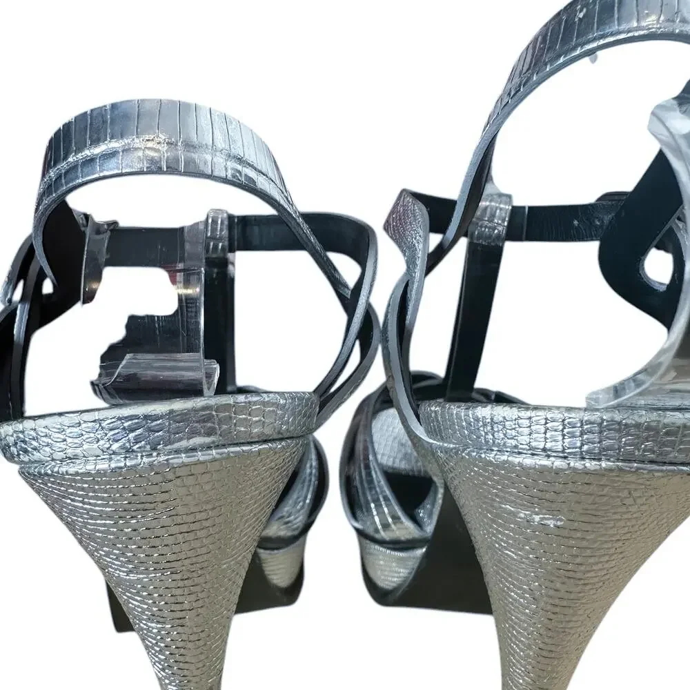 Saint Laurent Tribute Silver Embossed Leather Platform High Heel Sandals 39.5 - Picture 7 of 13